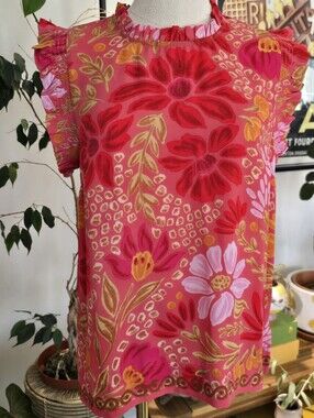 DR2 Floral Ruffle Sleeve Blouse Pink Red Boho Top Size Small
